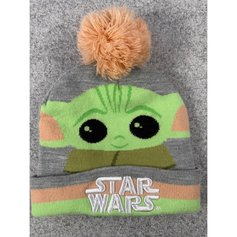 Star Wars The Mandalorian Grogu Baby Yoda Grey Knit Beanie Pom Hat One Size